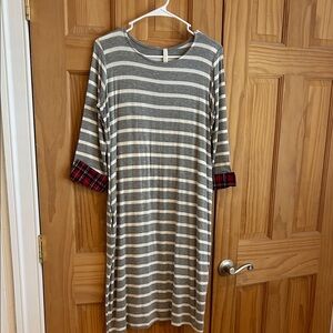 Maternity Pinkblush Gray and White Striped dress with Red Plaid Cuff